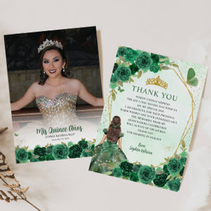Carte De Remerciements Glam Green Gold Floral Princesse Quinceañera Photo