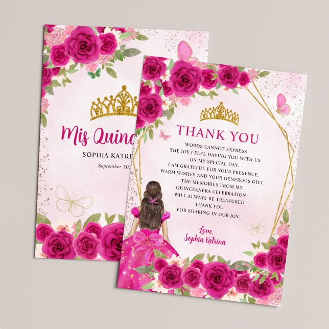 Carte De Remerciements Glam Magenta Or rose Floral Princesse Quinceañera (Créateur téléchargé)