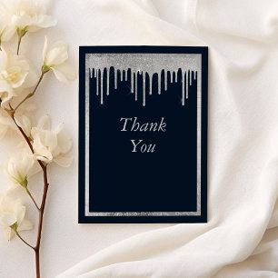 Carte De Remerciements Glam marine bleu argent gouttes de parties scintil