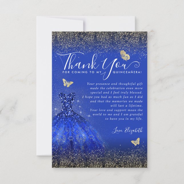 Carte De Remerciements Glam Royal Blue Gold Parties scintillant Quinceane (Devant)