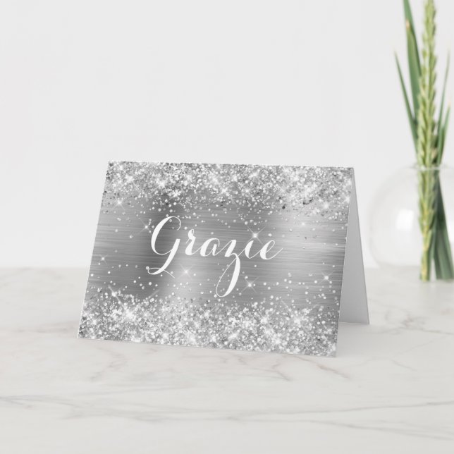 Carte De Remerciements Glittery Silver Foil Classic Script Grazie (Devant)