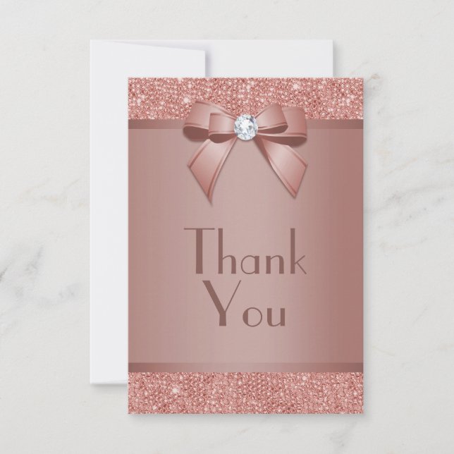 Carte De Remerciements Glitzy Rose Gold Bow & Gem Birthday Party (Devant)