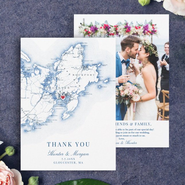 Carte De Remerciements Gloucester Cape Ann MA Mariage Flat (These Gloucester, MA map thank you cards are perfect for your Cape Ann destination wedding)