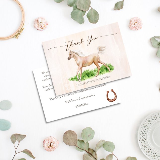 Carte De Remerciements Go baby go cheval derby baby shower équestre (Go baby go horse race derby equestrian baby shower thank you cards cute beige running foal)