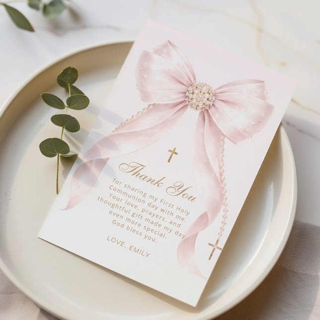 Carte De Remerciements Gold Blush Pink Bow Baptism (Créateur téléchargé)