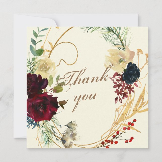 Carte De Remerciements Gold Burgundy Rouge Aquarelle Florale Mariage Wrea (Devant)