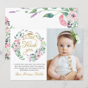 Carte De Remerciements Gold Crown Princess Floral Girl Photo Anniversaire