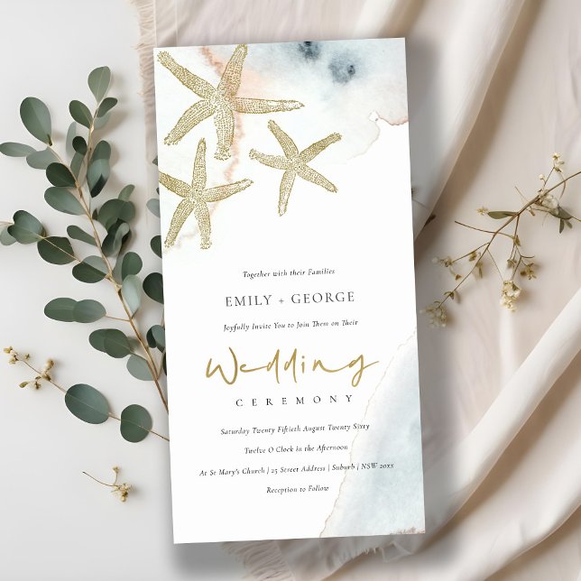 CARTE DE REMERCIEMENTS GOLD DUSKY BLUE BEACHING STARFISH MARIAGE INVITE (Créateur téléchargé)