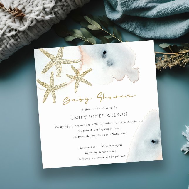 CARTE DE REMERCIEMENTS GOLD DUSKY BLUE BEACHY STARFISH BABY SHOWER INVITA (Créateur téléchargé)