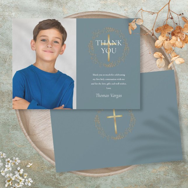 Carte De Remerciements Gold Floral Garland Première Sainte Communion Phot (Gold Floral Garland First Holy Communion Photo Thank You Card)