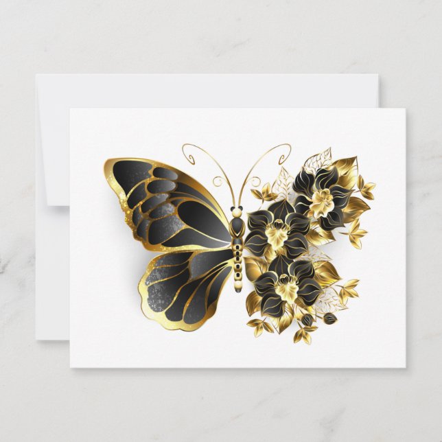 Carte De Remerciements Gold flower Butterfly with Black Orchid (Devant)