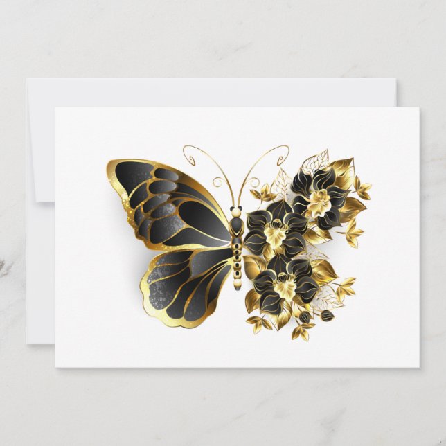 Carte De Remerciements Gold flower Butterfly with Black Orchid (Devant)