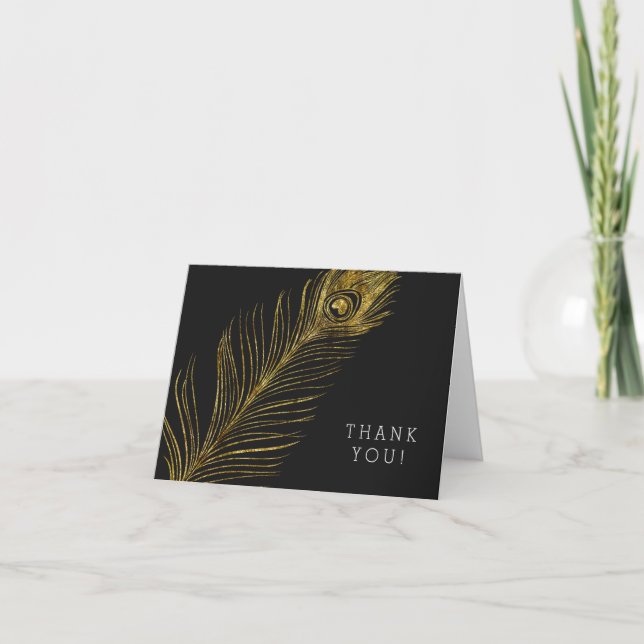 Carte De Remerciements Gold Glam and Black Peacock Feather Thank you (Devant)
