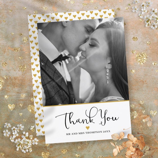 Carte De Remerciements Gold Heart Elegant Script Mariage Photo (Gold Heart Elegant Script Wedding Photo Thank You Card)