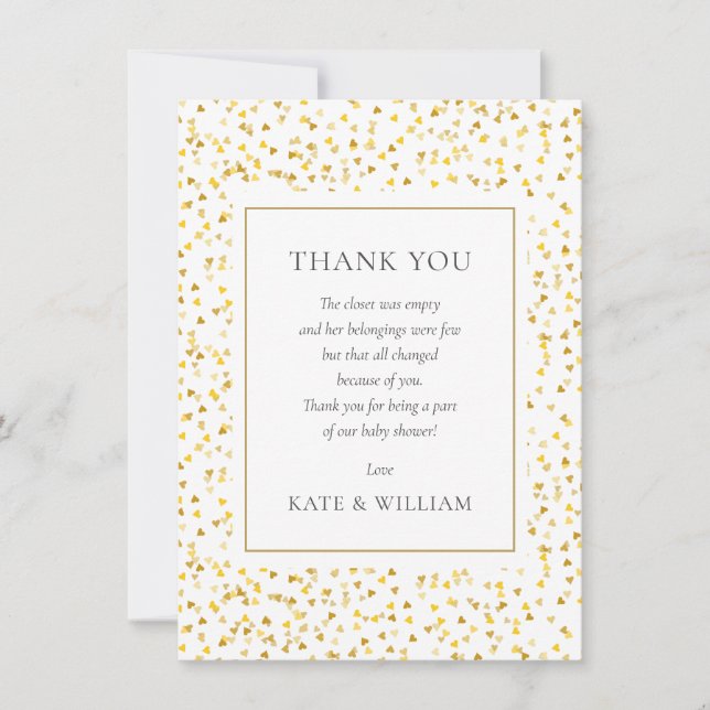 Carte De Remerciements Gold Hearts Confetti Poem Baby shower (Devant)
