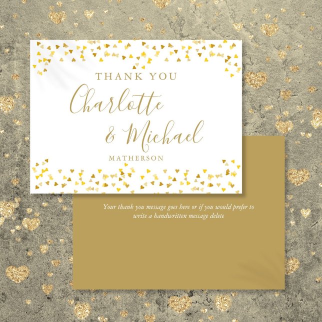Carte De Remerciements Gold Hearts Confetti Signature Mariage de script (Gold Hearts Confetti Signature Script Wedding Thank You Card)