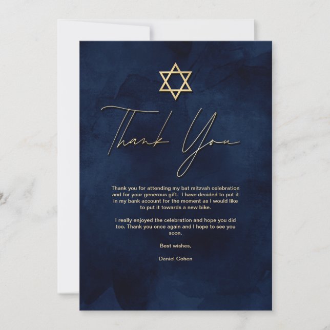 Carte De Remerciements Gold Navy Blue Aquarelle blanche Barre Mitzvah (Devant)