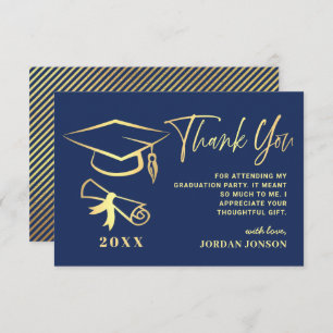 Carte De Remerciements Gold Navy Blue Modern Graduation Party