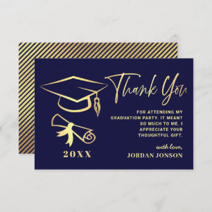 Carte De Remerciements Gold Navy Blue Modern Graduation Party