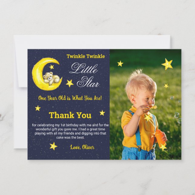 Carte De Remerciements Gold Navy Twinkle Little Star 1er anniversaire Pho (Devant)