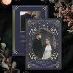 Carte De Remerciements Gold Navy Vintage Tarot Mariage gothique<br><div class="desc">Dites "merci" avec une touche de magie noire ! Ces cartes de remerciement sorcières gothiques et mariages s'inspirent des cartes de tarot vintages, avec des détails dorés radieux, une photo du couple, et un arrière - plan bleu. Parfait pour partager votre gratitude avec style. Commandez maintenant et laissez votre histoire...</div>