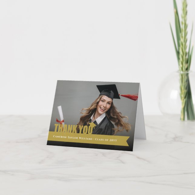 Carte De Remerciements Gold Overlay Ruban Graduation Cap Photo moderne (Devant)