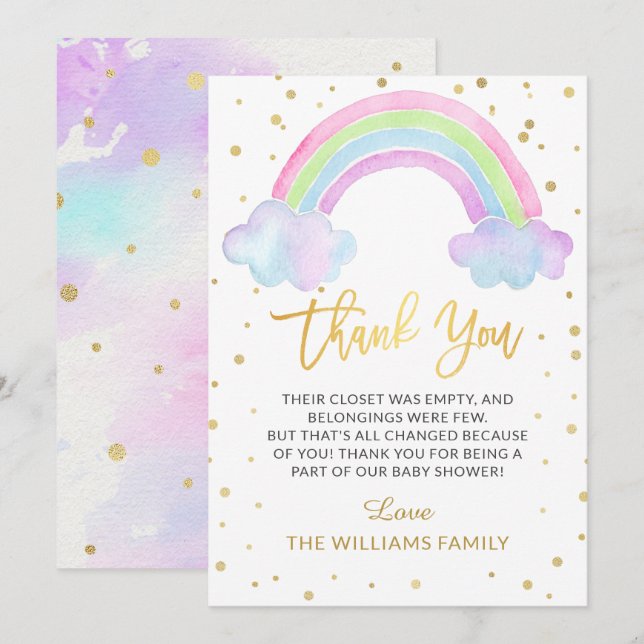Carte De Remerciements Gold Pastel Aquarelle Rainbow Twins Baby shower (Devant / Derrière)