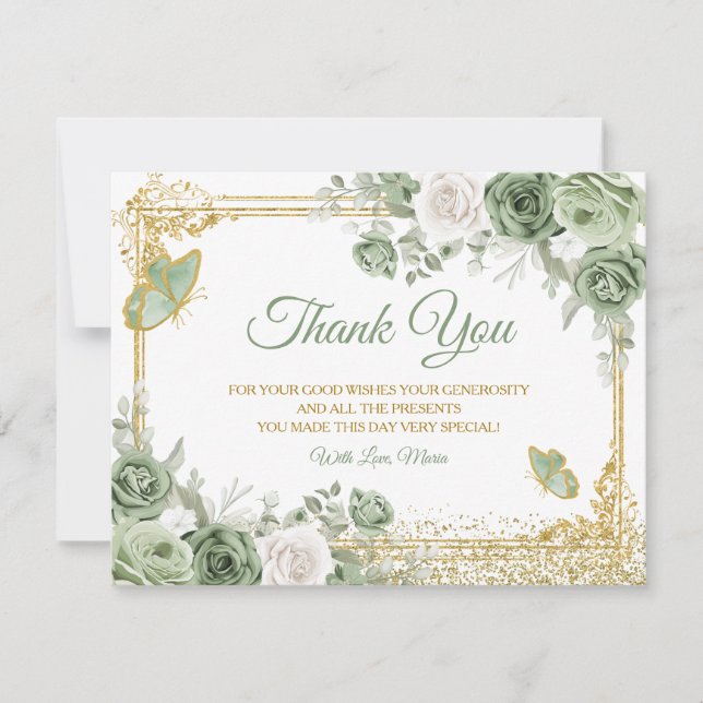 Carte De Remerciements Gold Quinceañera Sage Green Crown Butterfly (Devant)