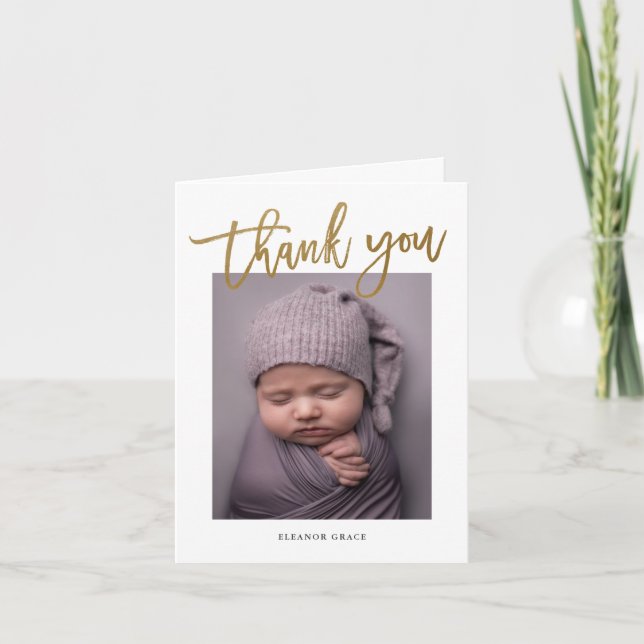 Carte De Remerciements Gold Script Modern Photo simple Baby (Devant)