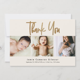 Carte De Remerciements Gold Script Neutral Crème Beige 3 Photos pour bébé