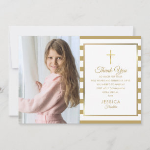 Carte De Remerciements Gold Stripe First Holy Communion Photo