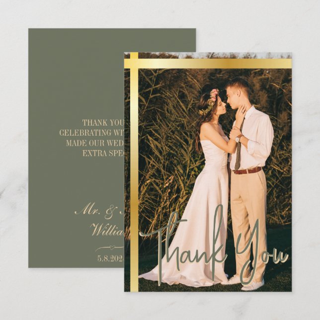 Carte De Remerciements Gold Stripe Green Elegant Mariage photo (Devant / Derrière)