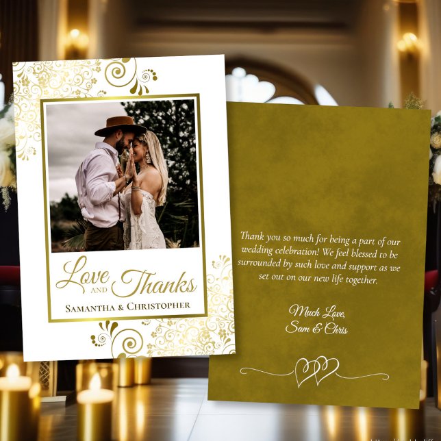Carte De Remerciements Gold & White Love & Thanks Photo & Note Mariage (Front/Back)