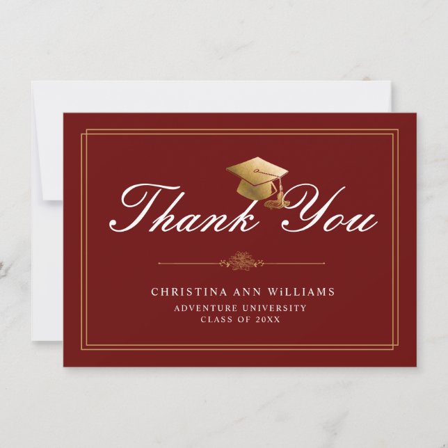 Carte De Remerciements Gold  WhiteScript Grad Cap Red Graduation (Devant)