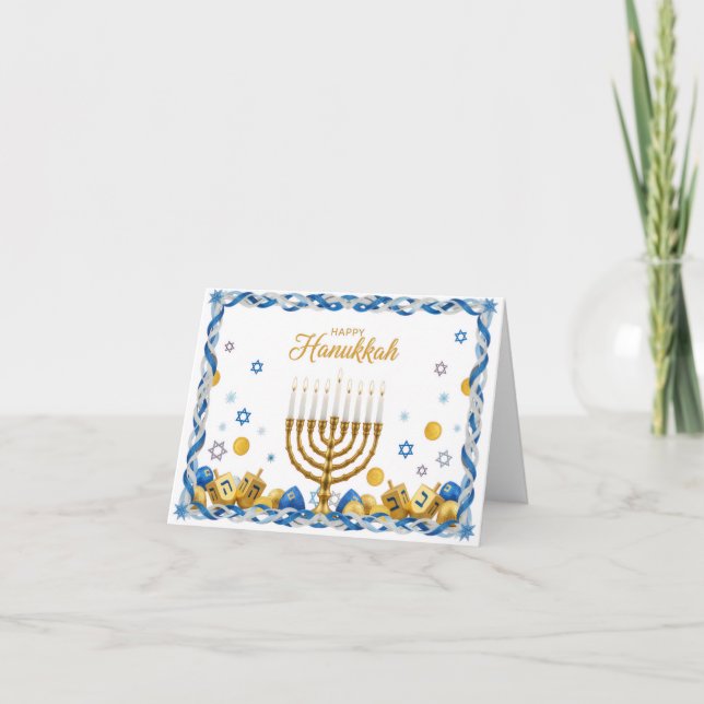 Carte De Remerciements Golden Menorah & Dreidel — Happy Hanukkah Card (Devant)