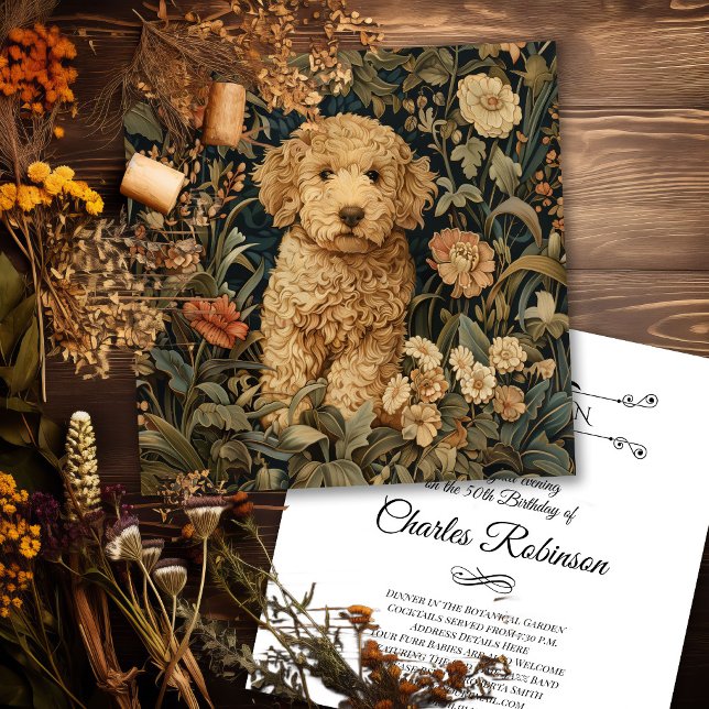Carte De Remerciements Goldendoodle Chiot William Morris Style Party (Créateur téléchargé)