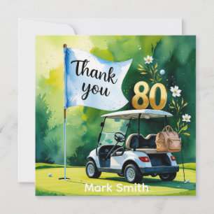 Carte De Remerciements Golf 80e anniversaire avec voiturette de golf sur