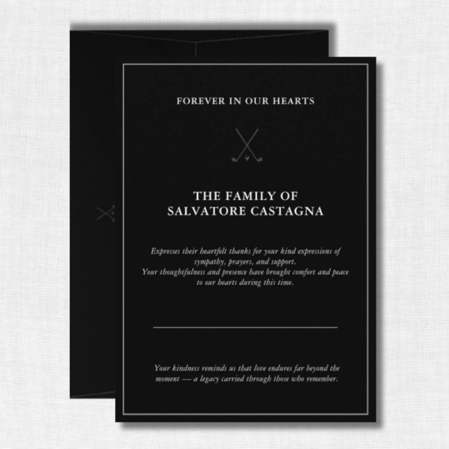 Carte De Remerciements Golf Celebration of Life Black (Thoughtful golf memorial thank-you card — honoring love and remembrance.)