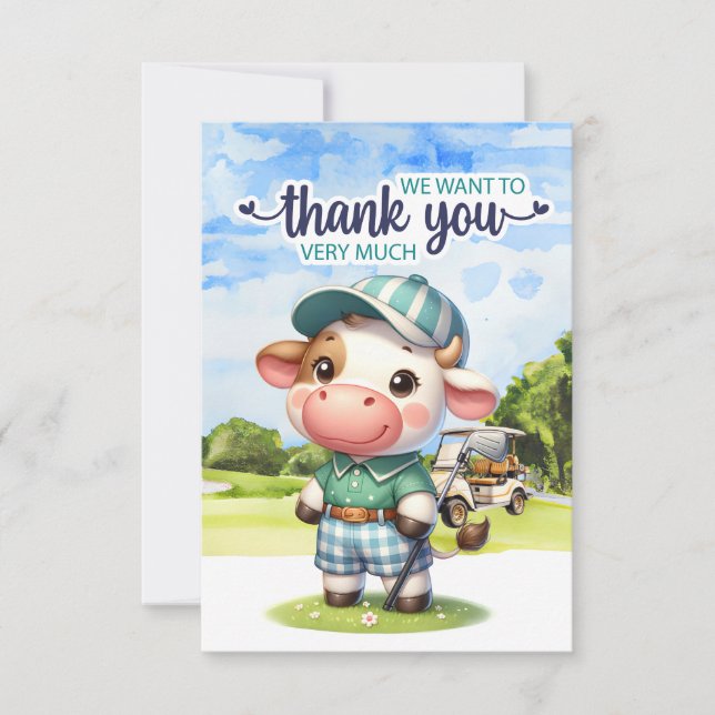 Carte De Remerciements Golf de vache avec Golf Panier en vert (Devant)