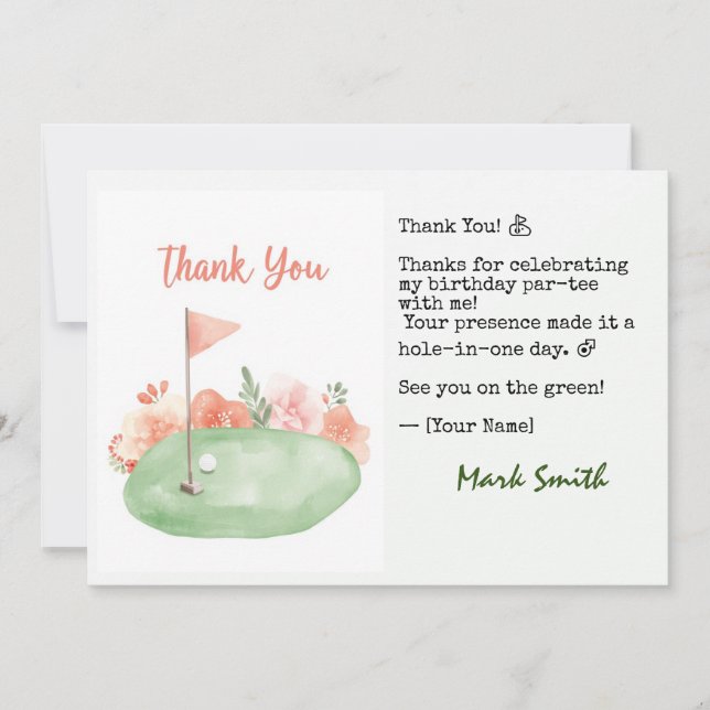 Carte De Remerciements Golf  Fête d'anniversaire sur le tertre de départ (Devant)