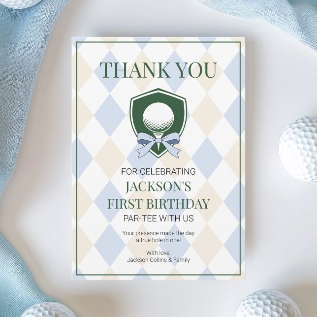 Carte De Remerciements Golf Moderne Bleu Un Sur Un Pour Le Premier Annive (Blue Golf Modern Hole In One Boys 1st Birthday Thank You Card)