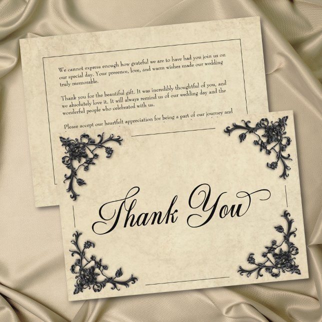 Carte De Remerciements Gothic Black Tan Parchment Filigree Heart Wedding (Gothic Black Tan Parchment Filigree Heart Wedding Thank You Card)