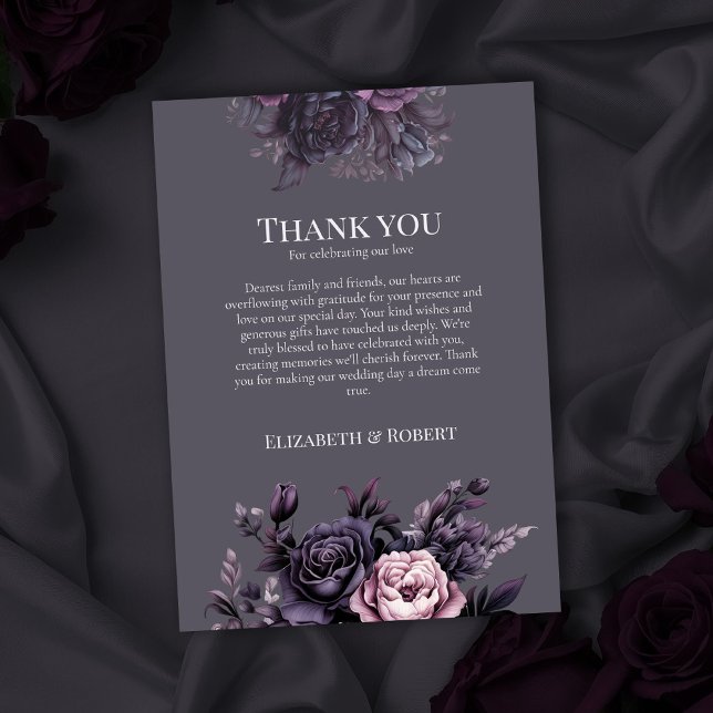 Carte De Remerciements Gothic Plum Floral Wedding Thank You Card (Gothic Plum Floral Wedding Thank You Card on gothic wedding table with dark roses)