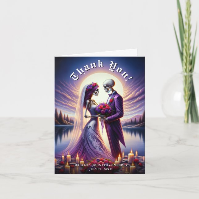 Carte De Remerciements Gothic Skeleton Couple Red Roses Wedding (Devant)