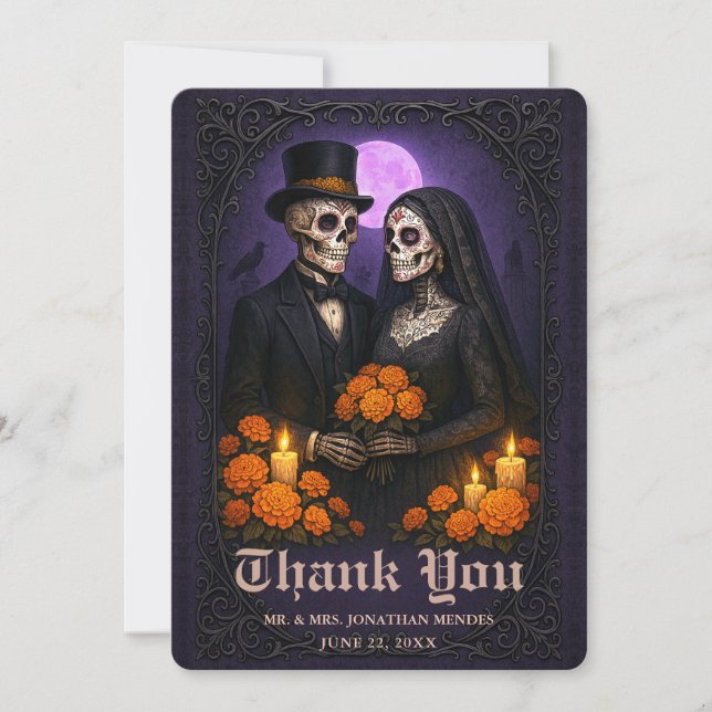 Carte De Remerciements Gothic Skull Candy Couple Wedding Thank You (Devant)
