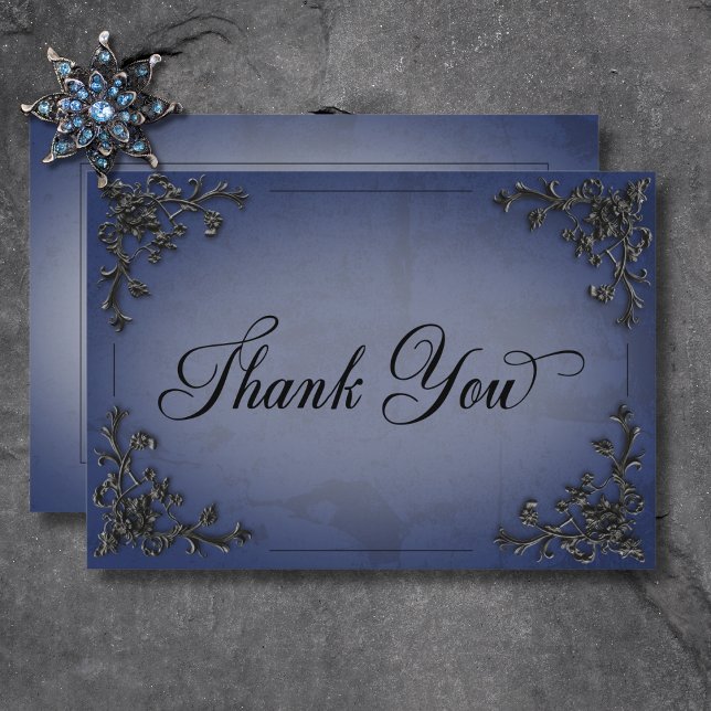 Carte De Remerciements Gothique Mariage à coeur noir et bleu à filigrane (Gothic Black & Blue Filigree Heart Wedding Thank You Card)