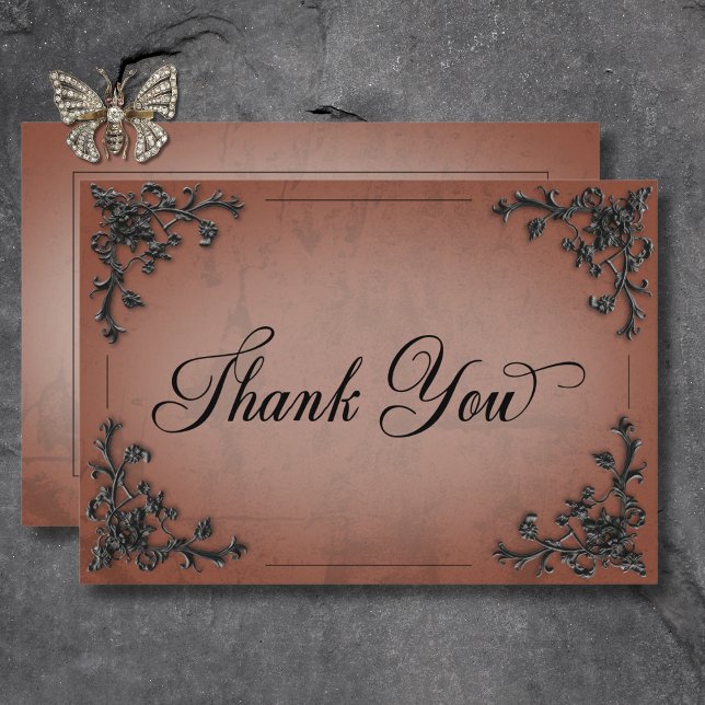 Carte De Remerciements Gothique Noir & Rust Filigree Mariage de coeur (Gothic Black & Rust Filigree Heart Wedding Thank You Card)
