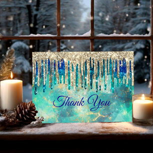 Carte De Remerciements Gouttes de paillettes dorées turquoise bleu chic