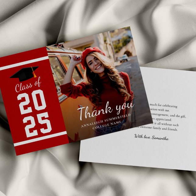 Carte De Remerciements Graduation 2025 Grad Photo (Graduation 2025 Script Photo Red Thank You)