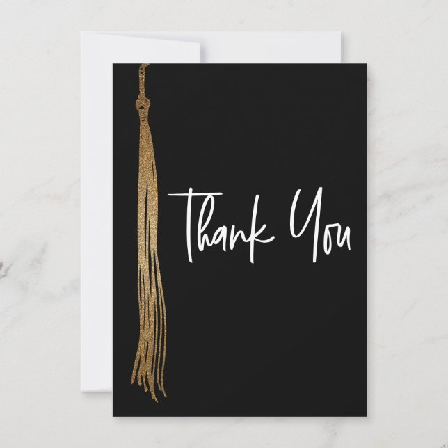 Carte De Remerciements Graduation Black Gold Tassel moderne manuscrit (Devant)